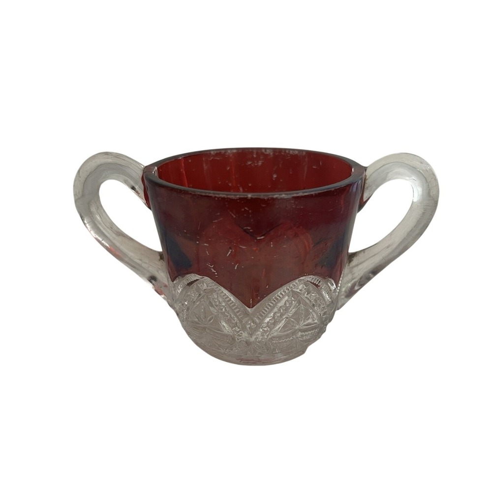 Vintage Ruby Stained Pressed Glass Sugar Bowl Heart and Star Pattern Red Clear‎
